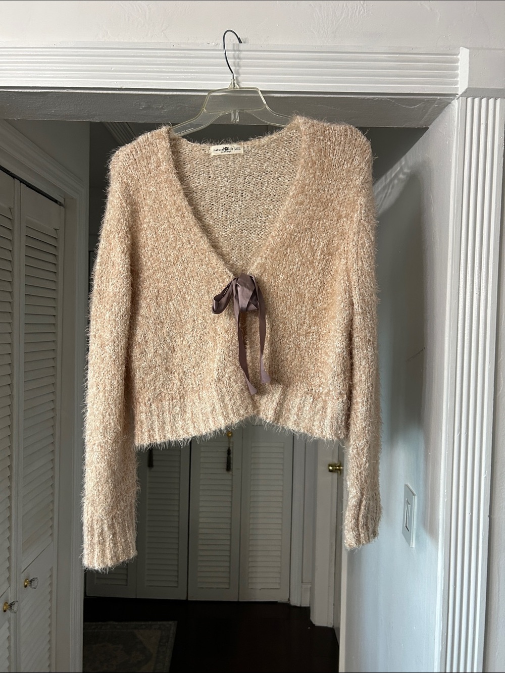 NATURAL LIFE Fuzzy Knit Tie-Front Cardigan - Beige